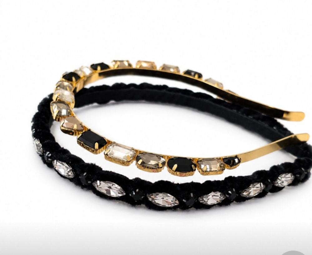 Anthropologie Stone Headband Set Black & Gold New